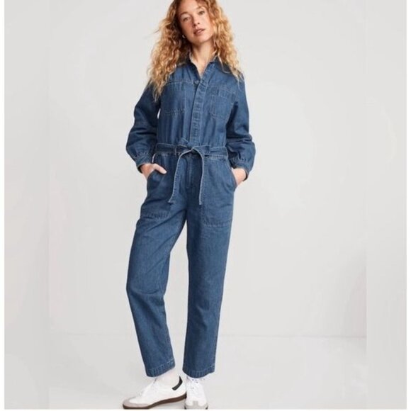NEW Old Navy Womens XL Denim Jumpsuit Blue Cotton Long Sleeve Waist Belt - Picture 1 of 11